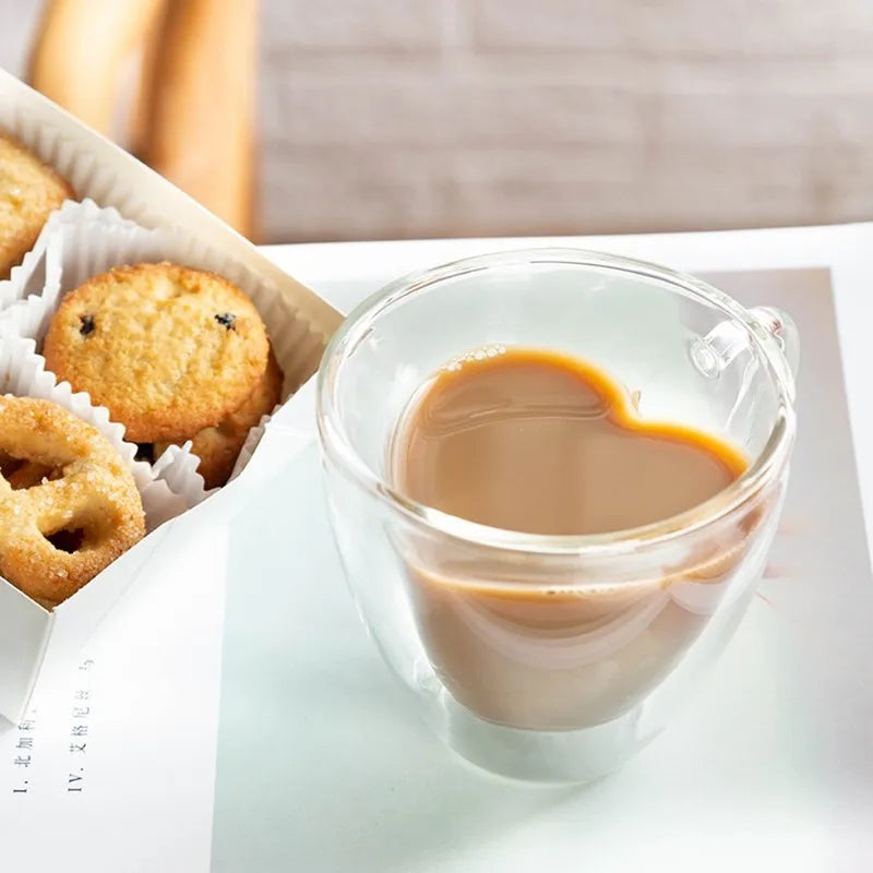 Heart-Shaped Double Glass Mug – Heat-Resistant Borosilicate Cup Double Wall Glass Mug Axl
