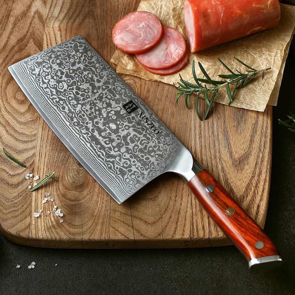 XINZUO 6.5" Damascus Steel Cleaver Knife – Rosewood Handle Damascus Cleaver Knife Axl
