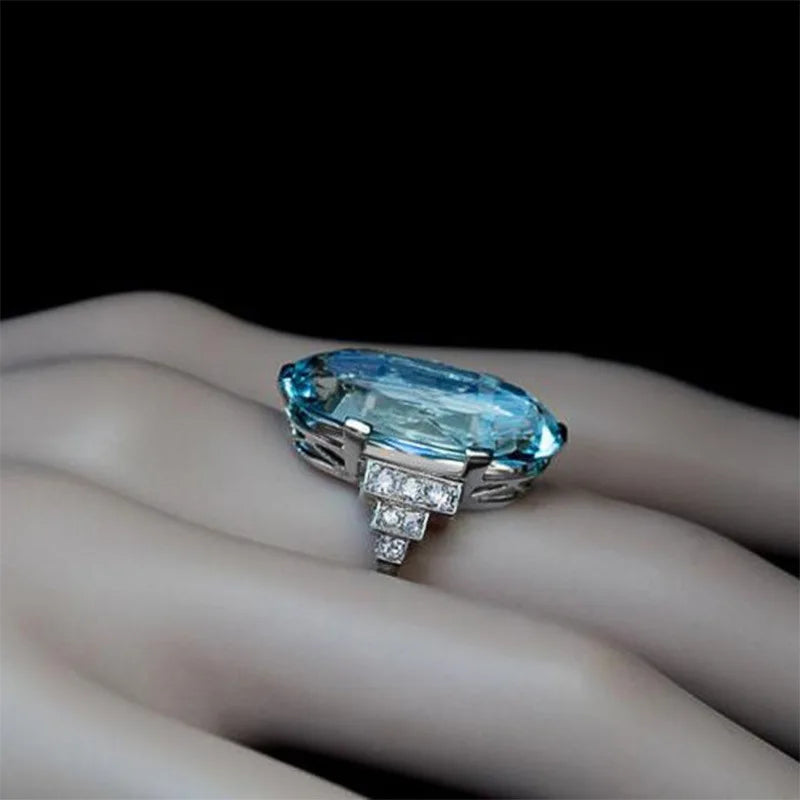 Huitan Oval Sky Blue CZ Women's Wedding Band Ring | Bridal Women's Fashion Ring Axl