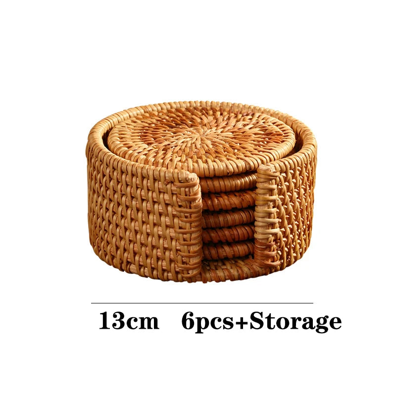 KEMORELA Round Rattan Coaster – Handmade Natural Cup Mat & Placemat Rattan Coaster Axl 13CM Set M