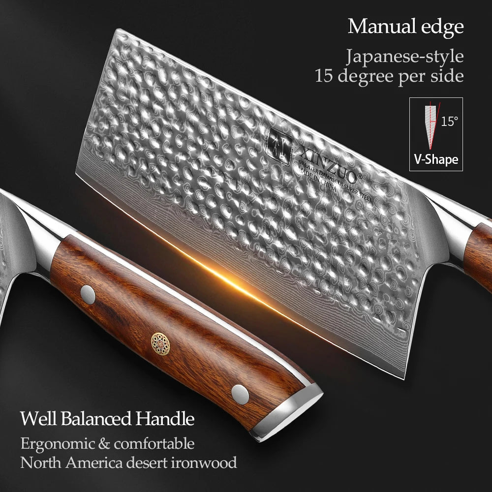 XINZUO 7" Damascus Cleaver Knife – VG10 & Ironwood Handle Damascus Cleaver Knife Axl