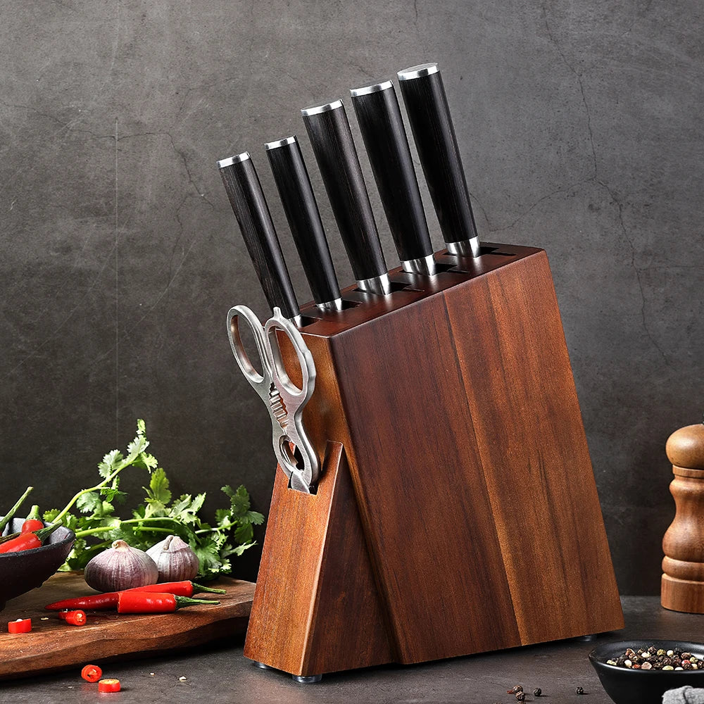 XINZUO Acacia Wood Knife Block – 5-Slot Countertop Holder Wood Knife Block Axl