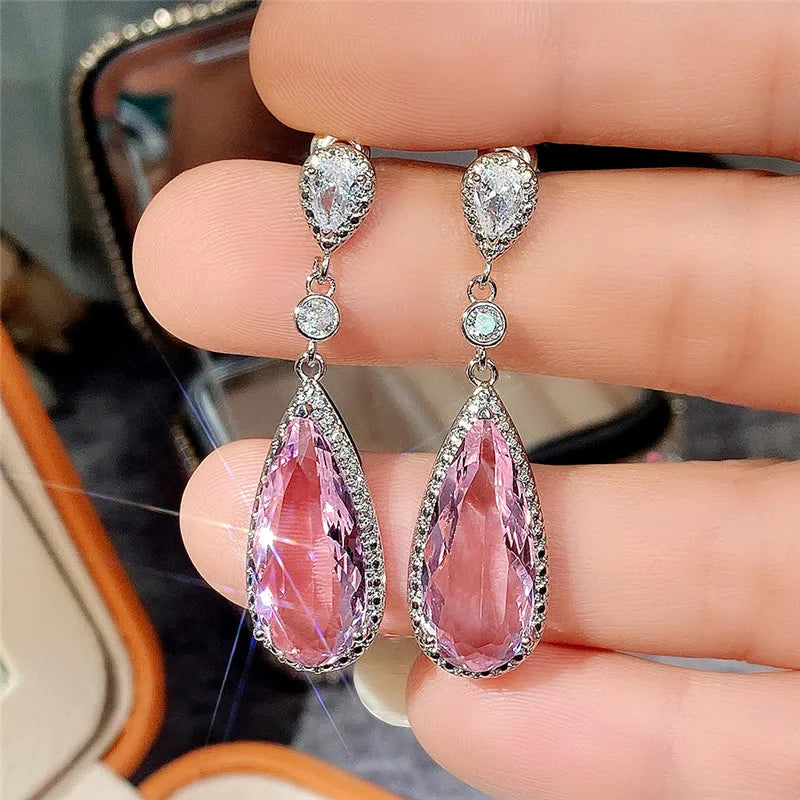 Huitan Pink CZ Water Drop Dangle Earrings | Wedding & Party Dangle Earrings Axl