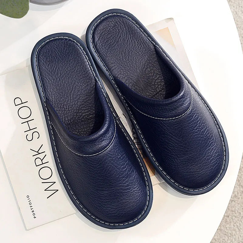 Lorilury Non-Slip Waterproof Indoor Leather Slippers Men Women Indoor Slippers Axl Blue CN37-38