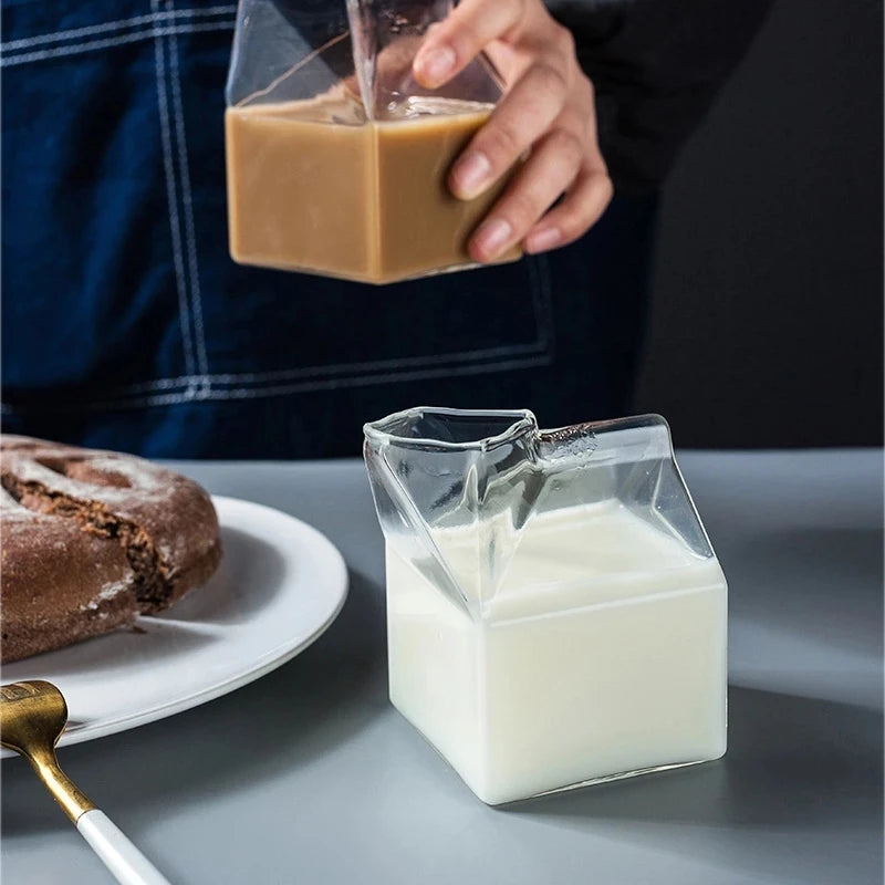 KEMORELA Milk Box Shape Glass Cup 250ml – Cute Drinkware Glass Drinkware Cup Axl