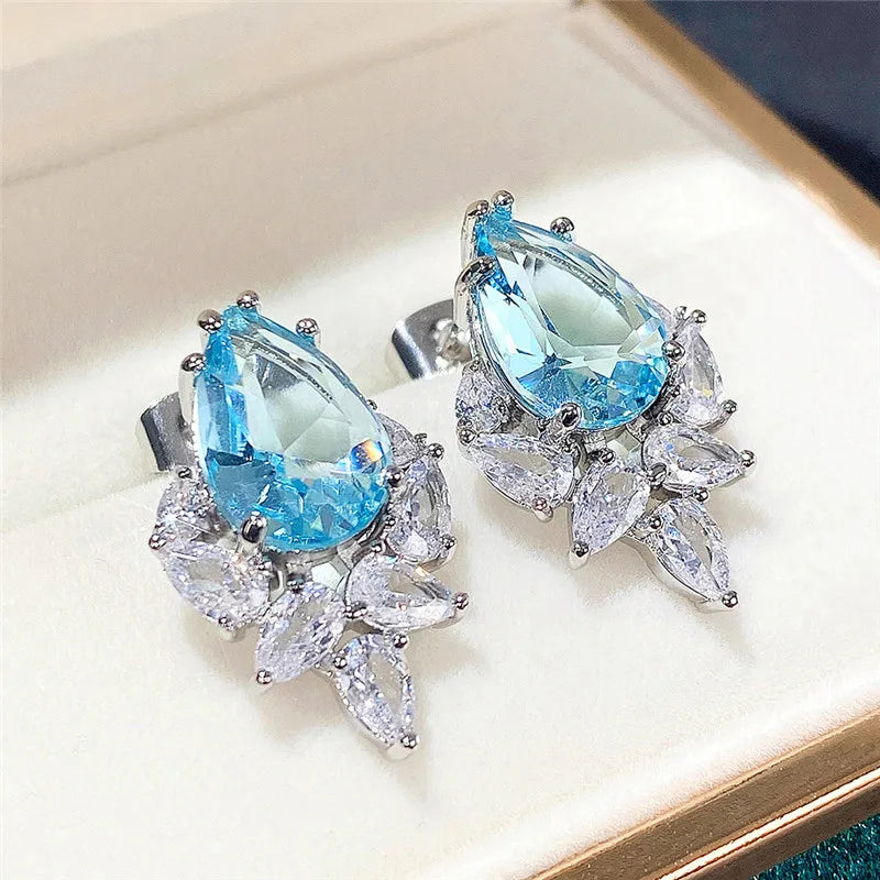 Huitan Water Drop CZ Stud Earrings – Pink, Green & Blue Pear CZ Stud Earrings Axl E1538