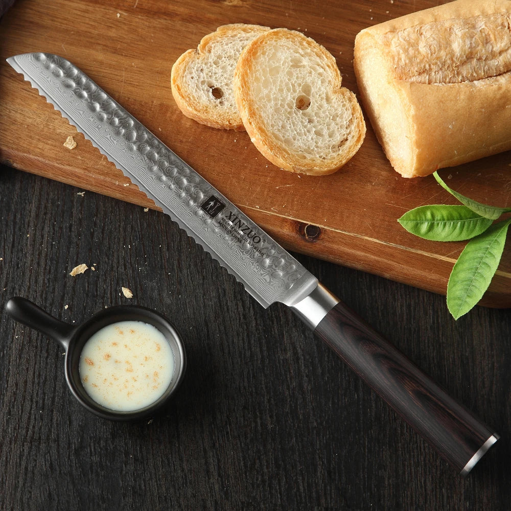 XINZUO 8" Damascus Bread Knife – 67-Layer VG10 Pakkawood Damascus Bread Knife Axl