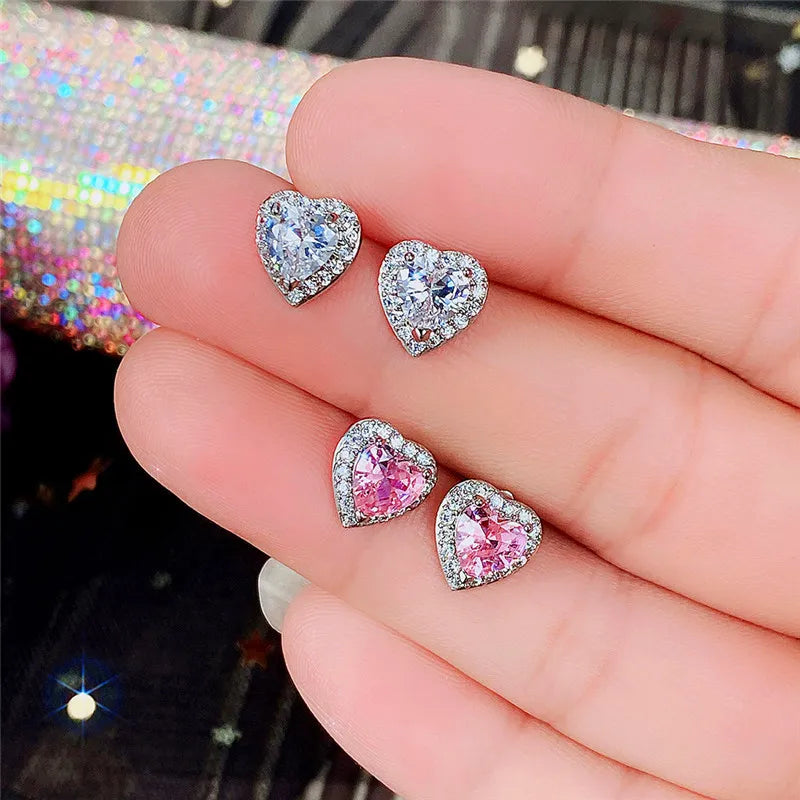 Huitan Pink CZ Heart Stud Earrings – Dainty Gift for Women CZ Stud Earrings Axl