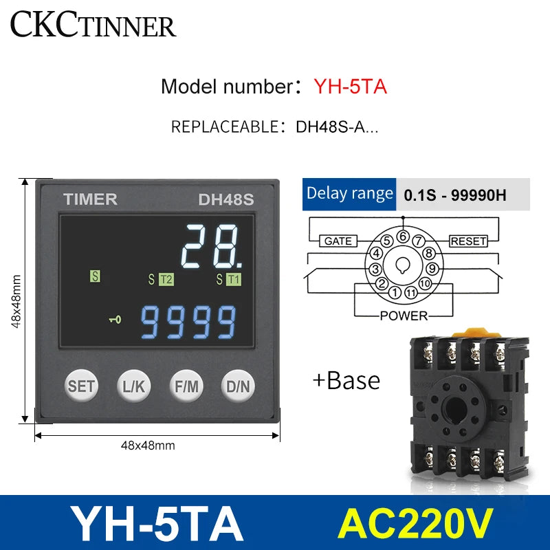 DH48S Programmable Time Delay Relay 24V/220V + Socket Base Programmable Time Relay Axl YH-5TA - 220VAC