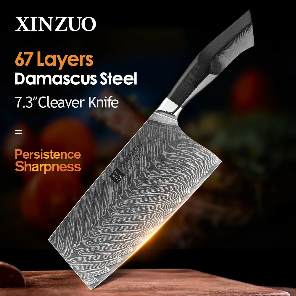 XINZUO 7.3" Damascus Steel Cleaver Knife – 67-Layer G10 Handle Damascus Cleaver Knife Axl Default Title