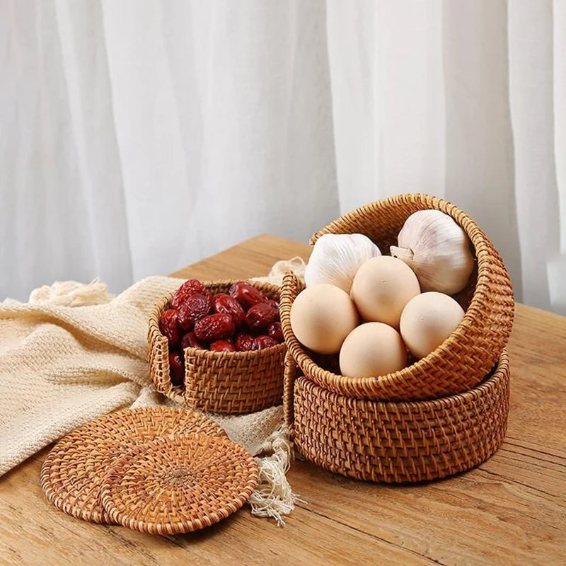 KEMORELA Round Rattan Coaster – Handmade Natural Cup Mat & Placemat Rattan Coaster Axl