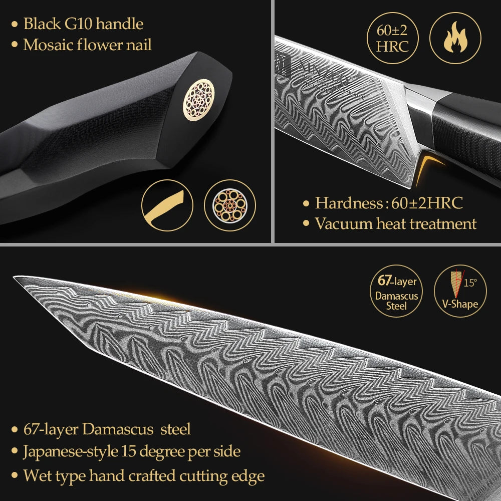 XINZUO 8.3" 67-Layer Damascus Steel Slicing Knife – G10 Handle Damascus Kitchen Knife Axl