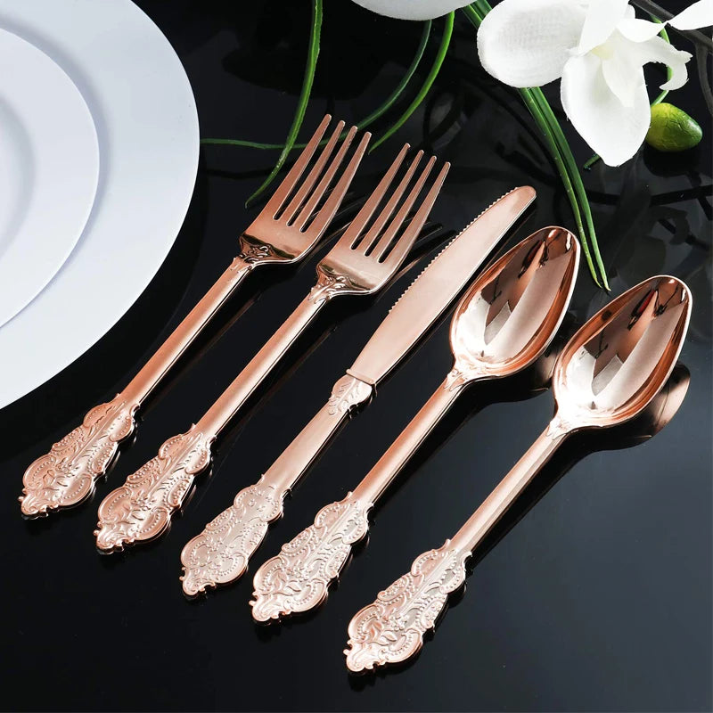 75pc Disposable Plastic Cutlery Set – Rose Gold Flatware Disposable Flatware Set Axl