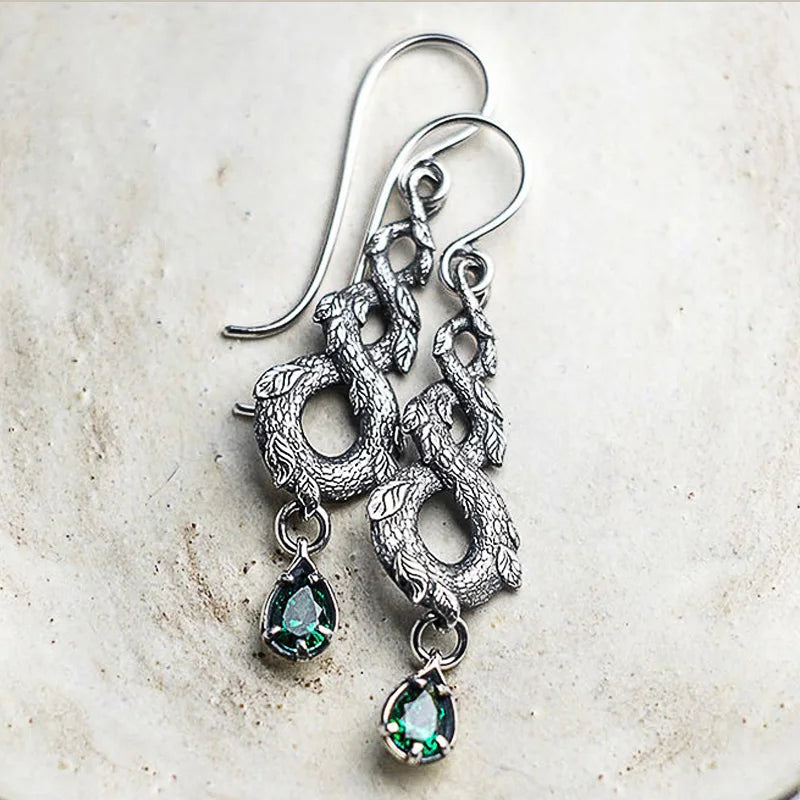 Huitan Vintage Green Zirconia Twist Drop Earrings | Dragon Leaf Drop Earrings Axl