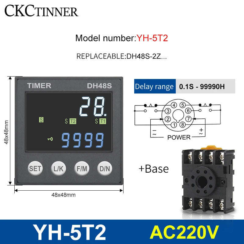 DH48S Programmable Time Delay Relay 24V/220V + Socket Base Programmable Time Relay Axl YH-5T2 - 220VAC