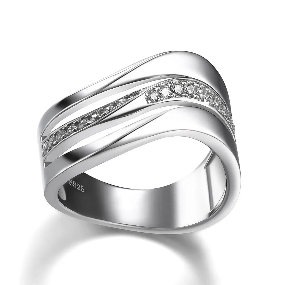 Huitan Silver Wave Ring – Cubic Zirconia Women's Band Fashion Ring Axl
