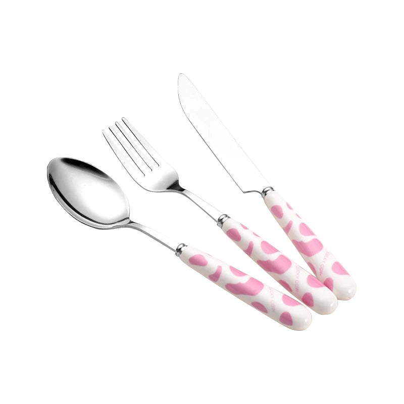Kids Cartoon Ceramic Handle Cutlery Set – Knife Fork Spoon 3pc Kids Flatware Set Axl pink cow
