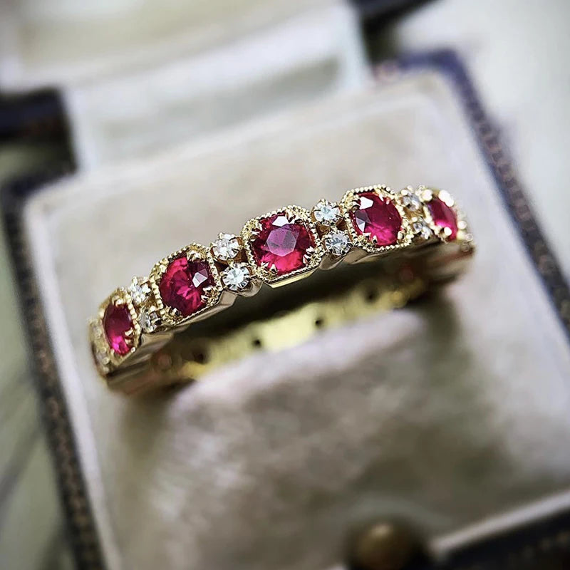 Huitan Gold Thin Ring Rose Red Cubic Zirconia Women's Band Fashion Ring Axl