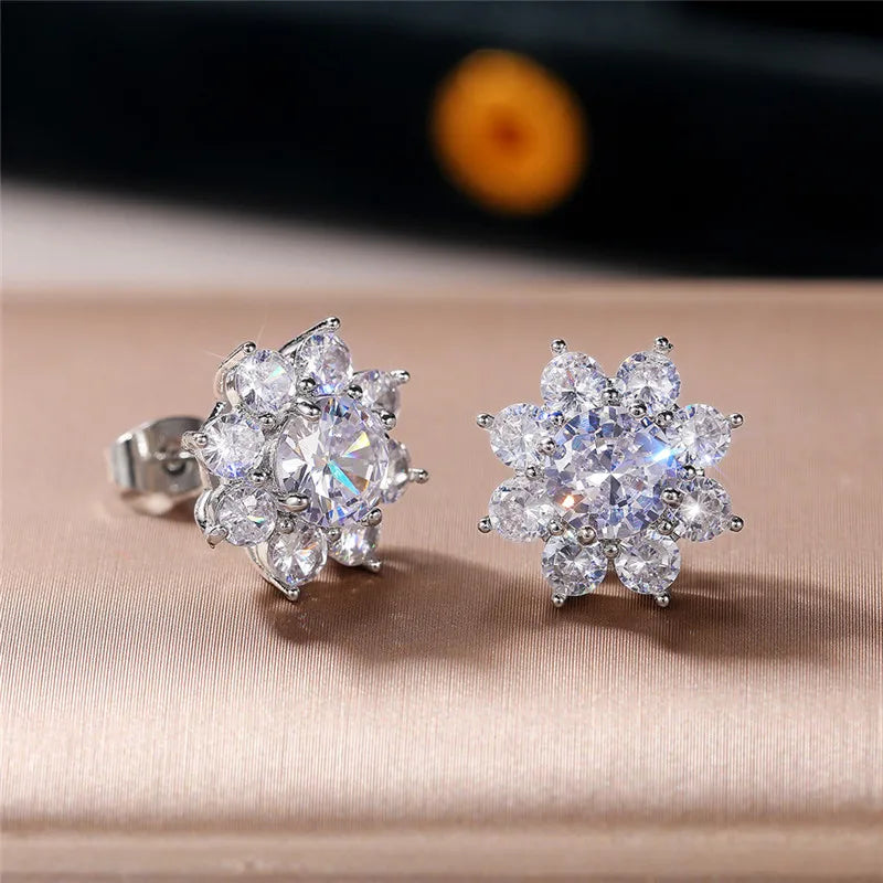 Huitan Crystal Flower Stud Earrings | Cubic Zirconia Women Crystal Stud Earrings Axl
