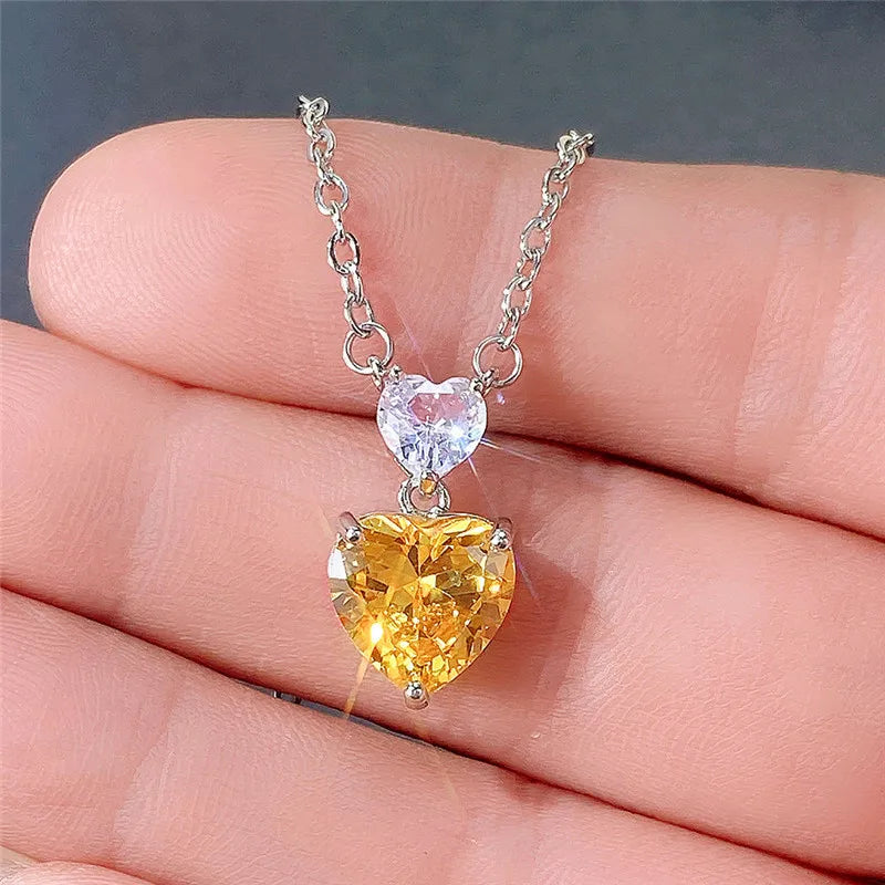 Huitan Double Heart CZ Pendant Necklace – Pink & Yellow Zirconia CZ Pendant Necklace Axl
