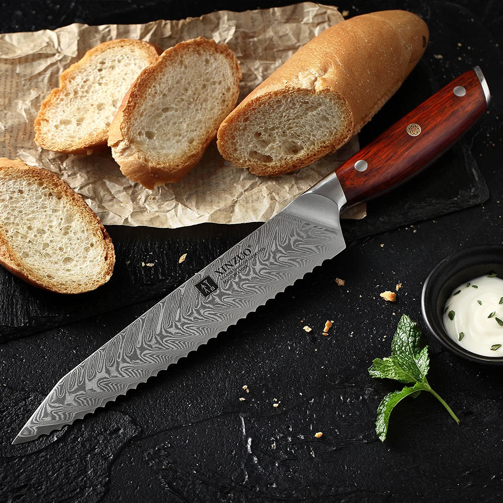 XINZUO 8.5" Damascus Serrated Bread Knife – Rosewood Handle Damascus Bread Knife Axl