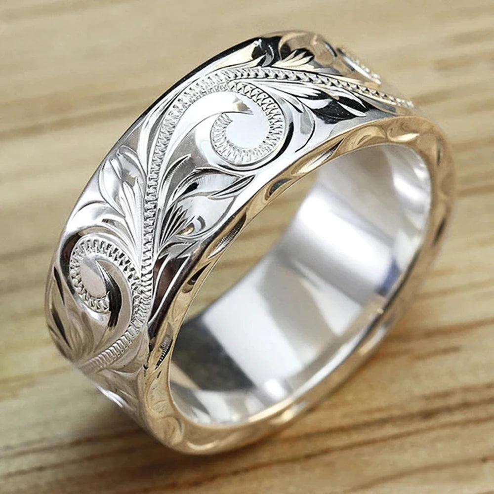 Huitan Carved Couple Rings – Silver Band, Sizes 5–14 | Fashion Fashion Couple Ring Axl