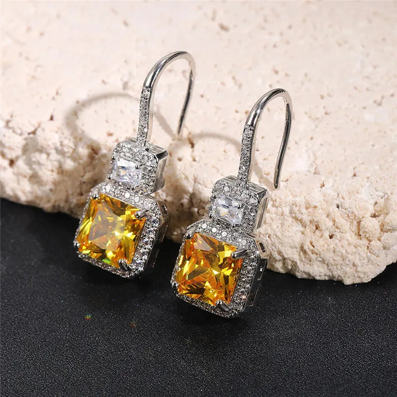 Huitan Yellow Cubic Zirconia Square Drop Earrings for Women Drop Earrings Axl