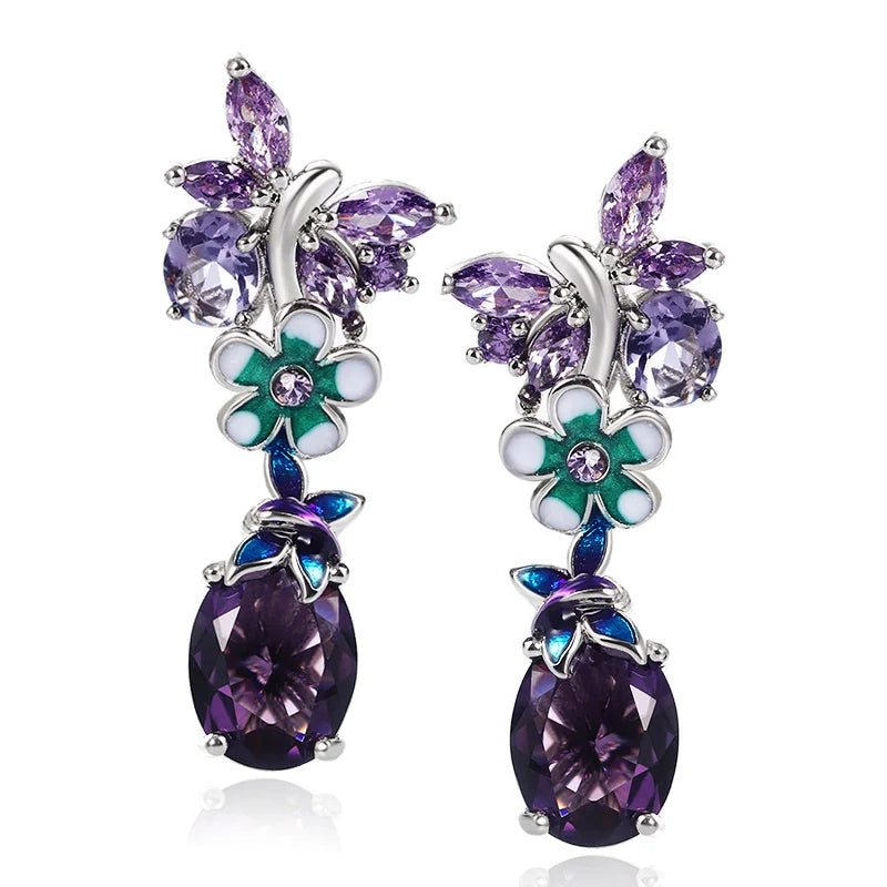 Huitan Purple CZ Dangle Earrings – Bridal Wedding Jewelry CZ Dangle Earrings Axl Silver Plated PURPLE