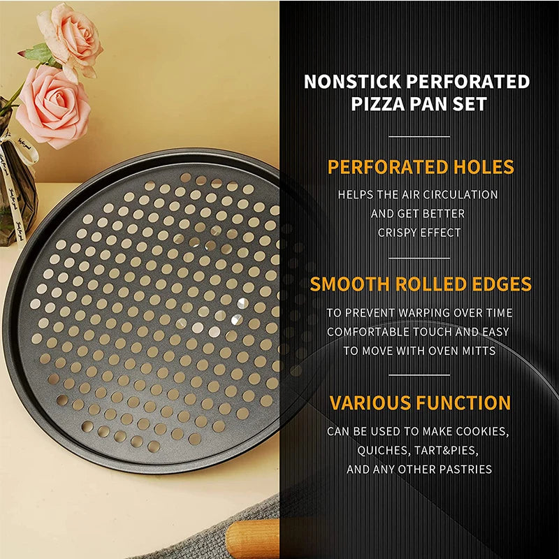 Nonstick Carbon Steel Pizza Crisper Pan with Holes | Round Tray Pizza Baking Pan Axl