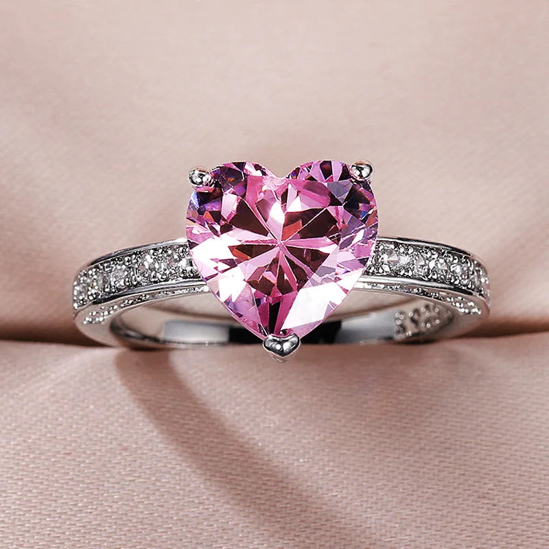 Huitan Pink Cubic Zirconia Heart Solitaire Ring for Women Solitaire Ring Axl