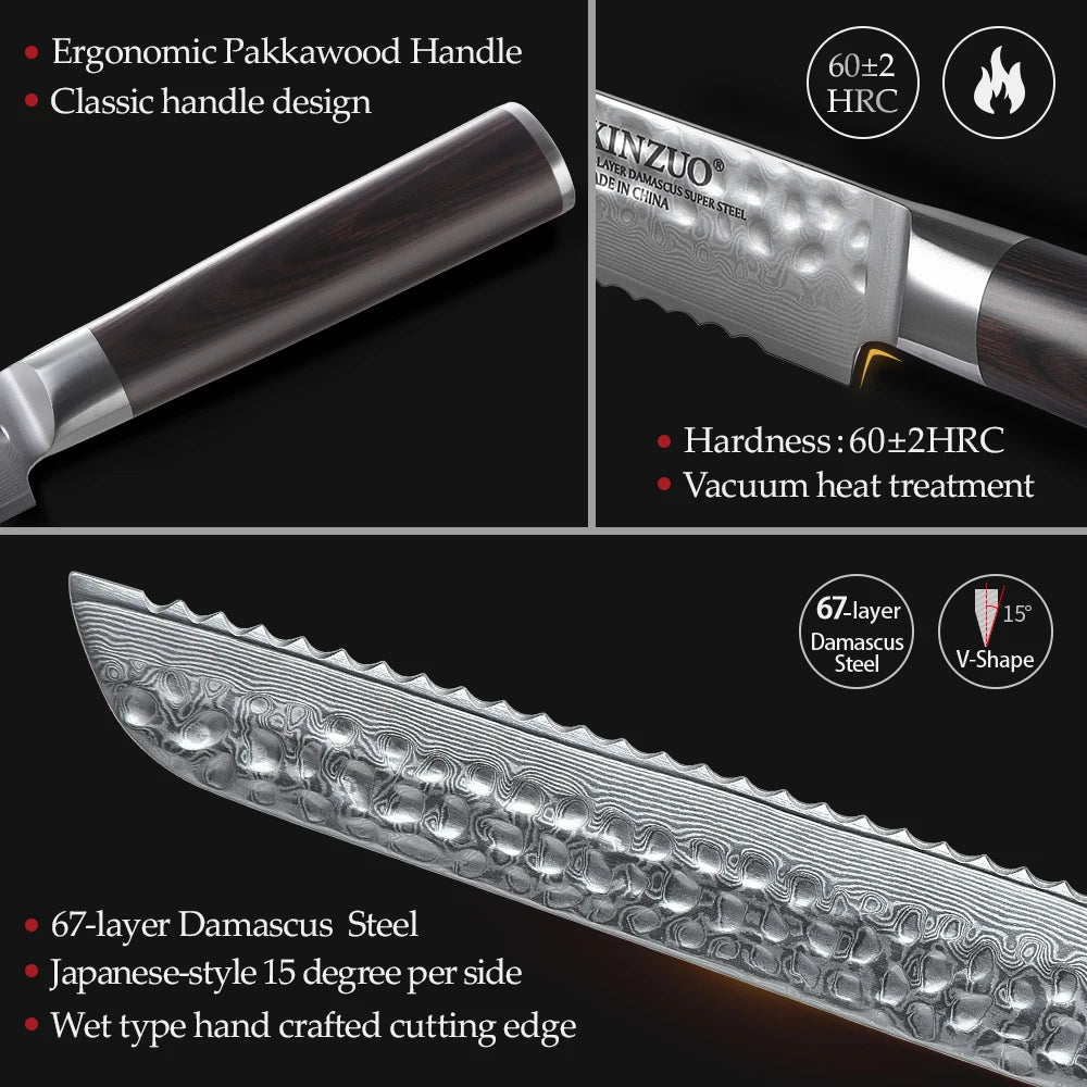XINZUO 8" Damascus Bread Knife – 67-Layer VG10 Pakkawood Damascus Bread Knife Axl