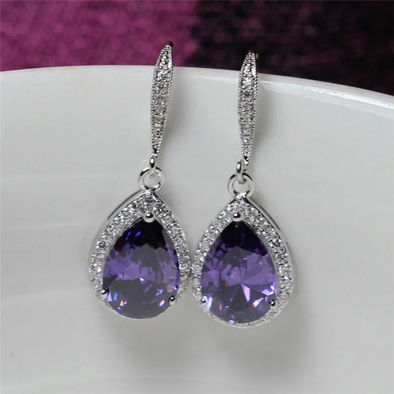 Huitan CZ Drop Earrings – White, Blue & Purple for Women Drop Earrings Axl