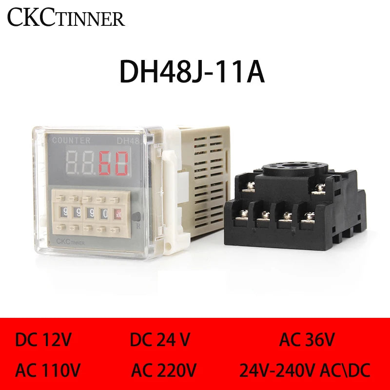 DH48J-11A Digital Counter Relay 11-Pin 12V–380V with Base Digital Counter Relay Axl