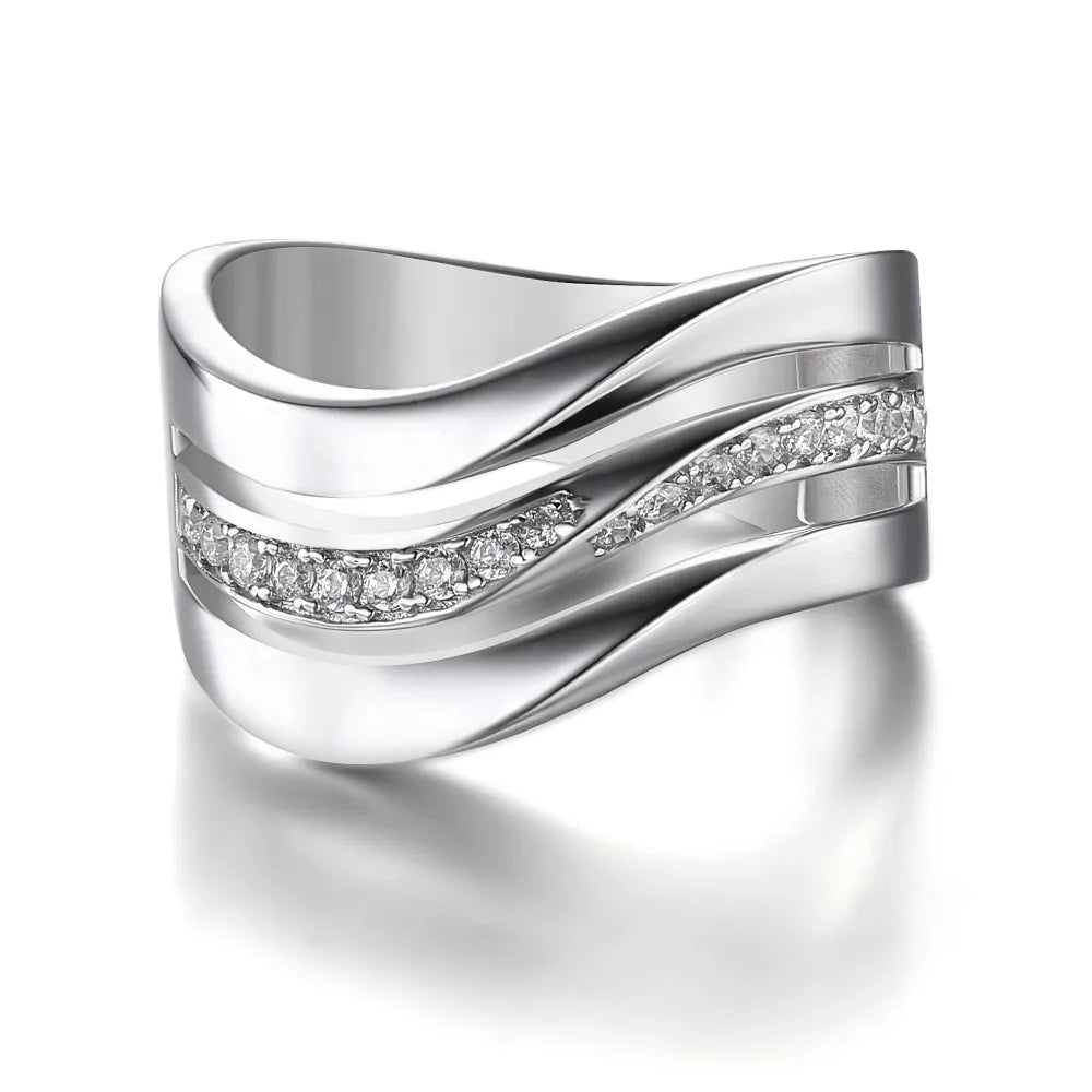 Huitan Silver Wave Ring – Cubic Zirconia Women's Band Fashion Ring Axl