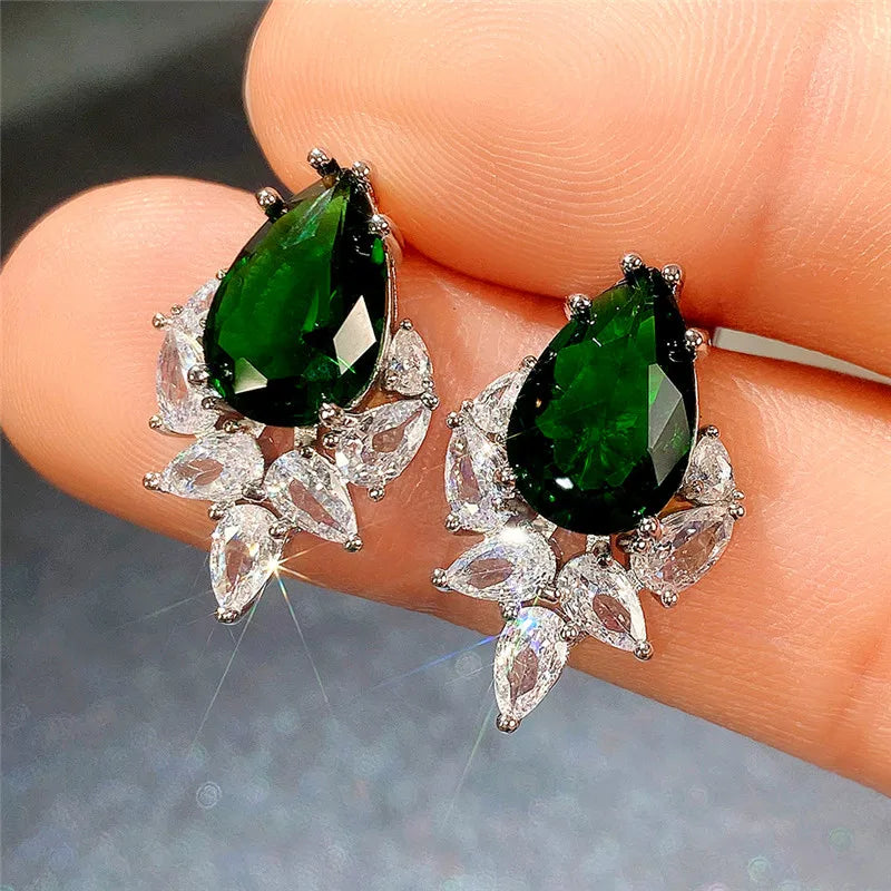 Huitan Water Drop CZ Stud Earrings | Pink Green Blue Pear CZ Stud Earrings Axl