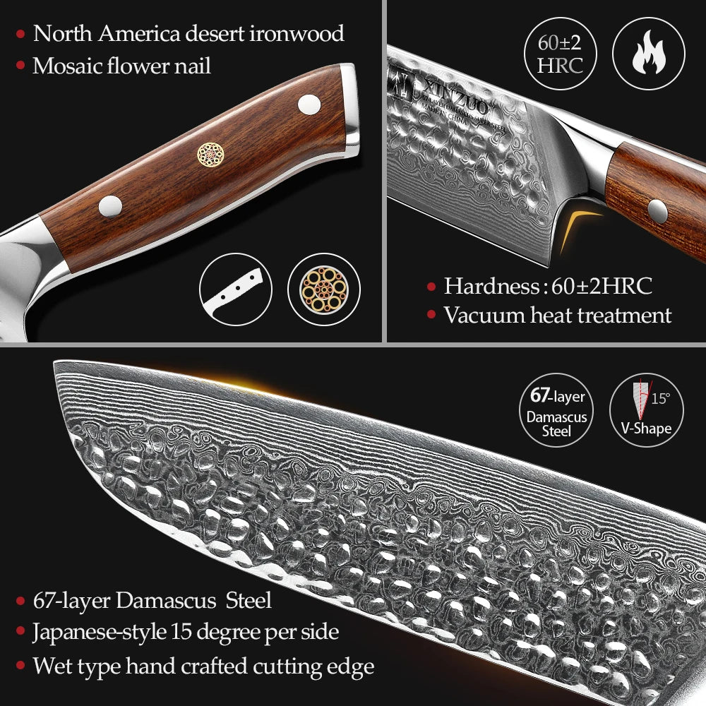 XINZUO 7" VG10 Damascus Santoku Knife – Desert Ironwood Handle Santoku Knife Axl