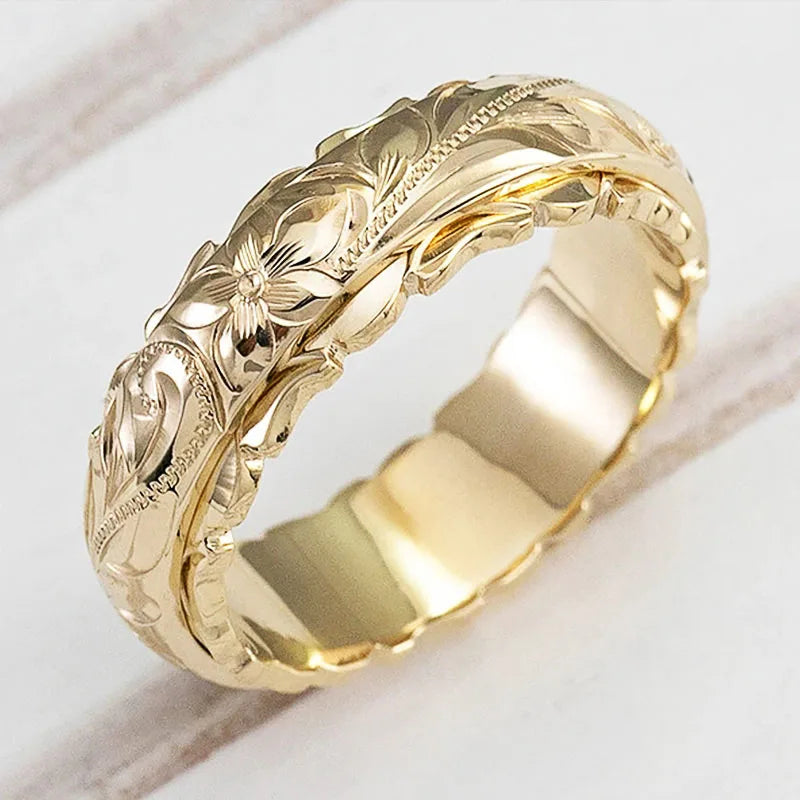 Huitan Women's Carved Geometric Engagement Ring | Sizes 6–12 Fashion Ring Axl Gold Color 11