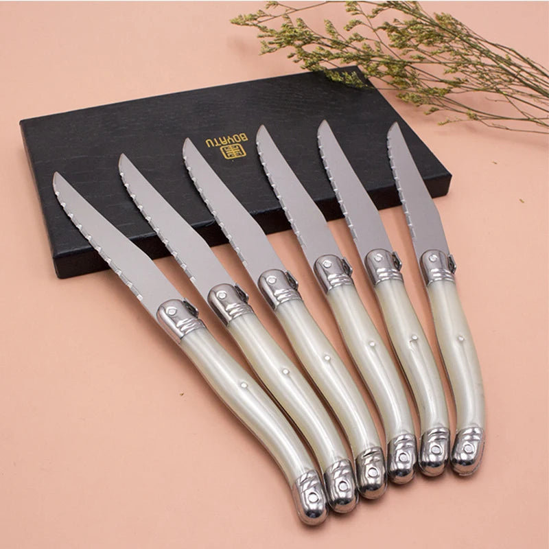 Laguiole Steak Knife Set 4–12pc | Pearl White Handles Steak Knife Set Axl 4pcs