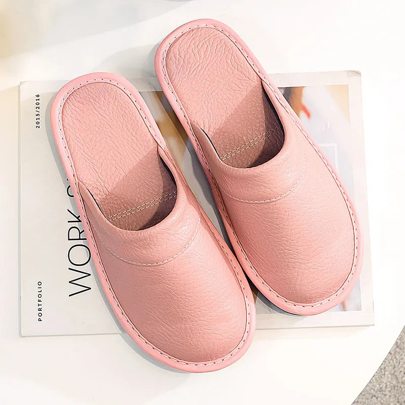 Lorilury Non-Slip Waterproof Indoor Leather Slippers Men Women Indoor Slippers Axl Pink CN41-42