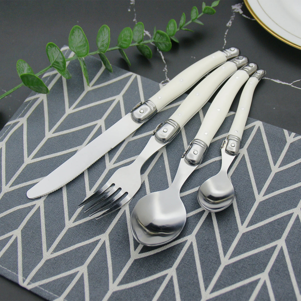 Laguiole Ivory White Stainless Steel Cutlery Set 4-24pc Flatware Cutlery Set Axl
