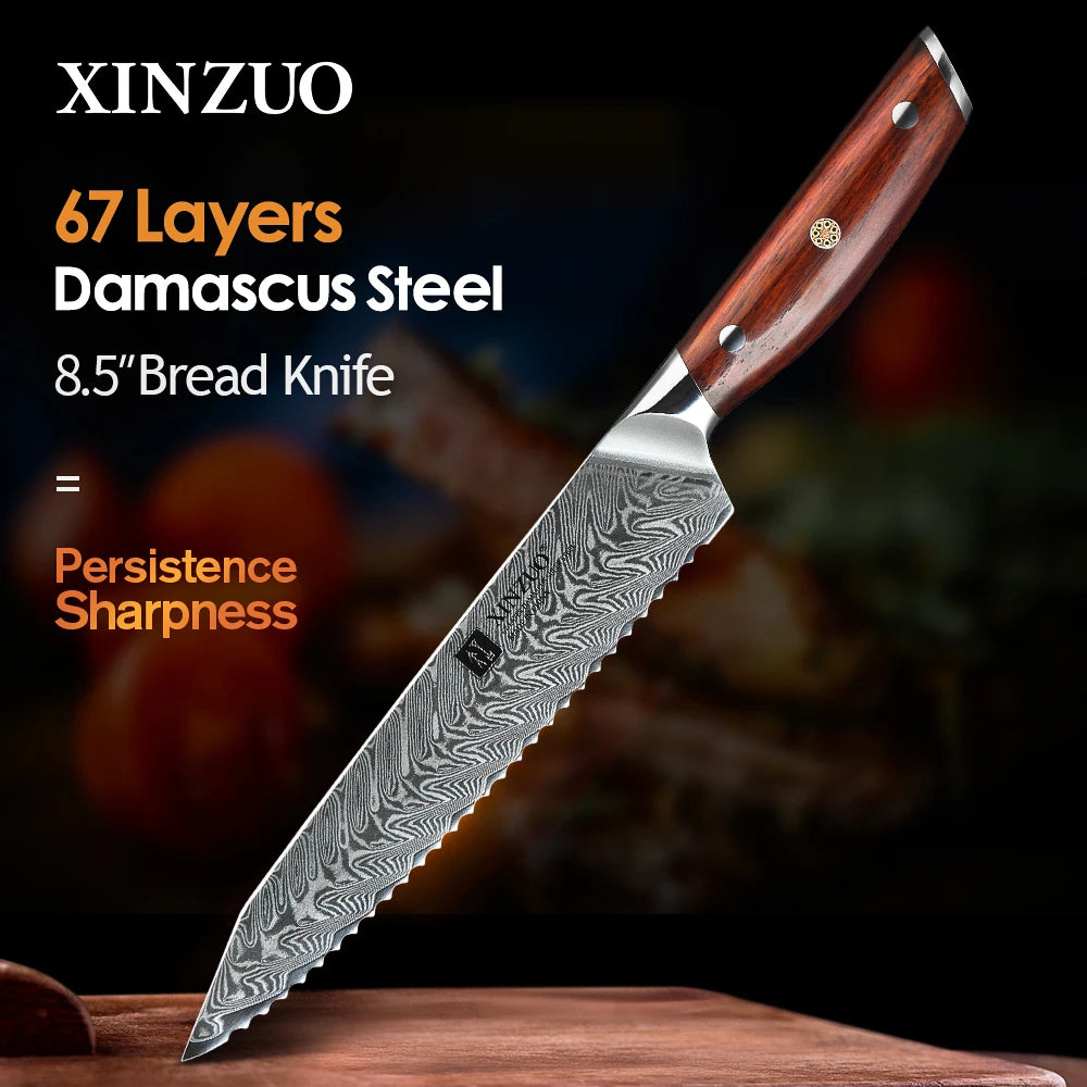 XINZUO 8.5" Damascus Serrated Bread Knife – Rosewood Handle Damascus Bread Knife Axl Default Title