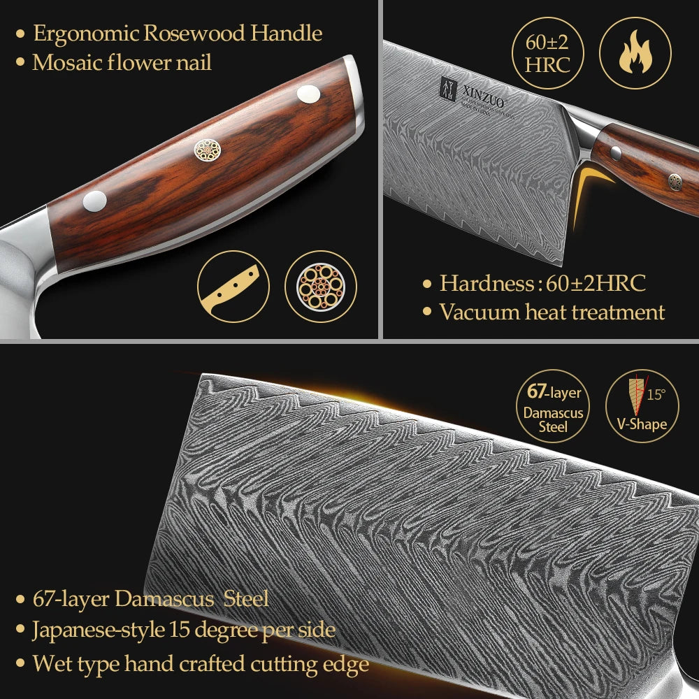 XINZUO 7" VG10 Damascus Steel Cleaver Knife – Rosewood Handle Damascus Cleaver Knife Axl