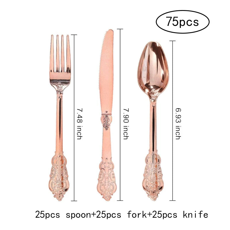 75pc Disposable Plastic Cutlery Set – Rose Gold Flatware Disposable Flatware Set Axl 75pcs rose gold