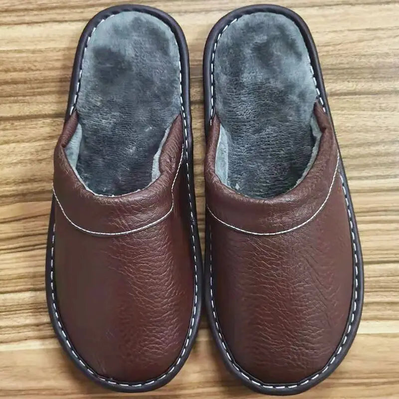 Lorilury Men's Indoor Leather Slippers | Non-Slip Unisex EU 35–48 Indoor Leather Slippers Axl Brown plush 37-38