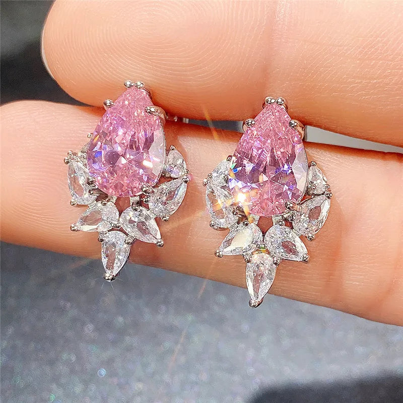 Huitan Water Drop CZ Stud Earrings – Pink, Green & Blue Pear CZ Stud Earrings Axl