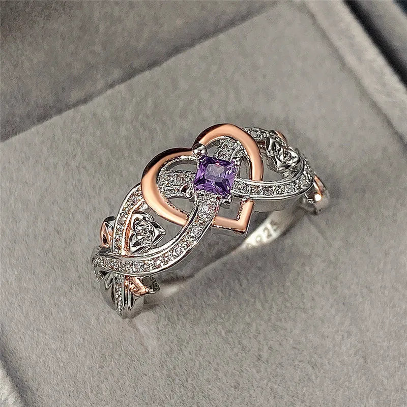 Huitan Women's Heart Ring – Rose Flower CZ Wedding Band Fashion Ring Axl