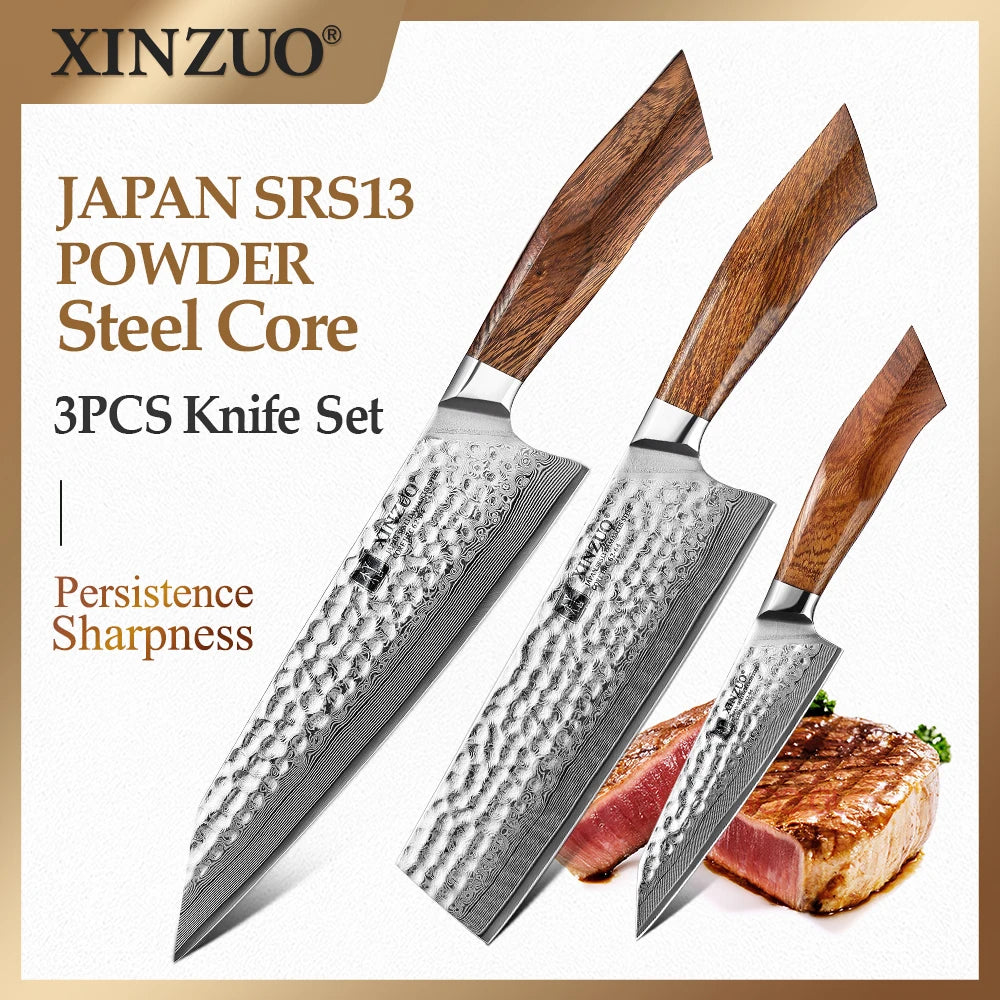 XINZUO 3-Piece Damascus Knife Set – Chef, Nakiri & Utility Damascus Knife Set Axl