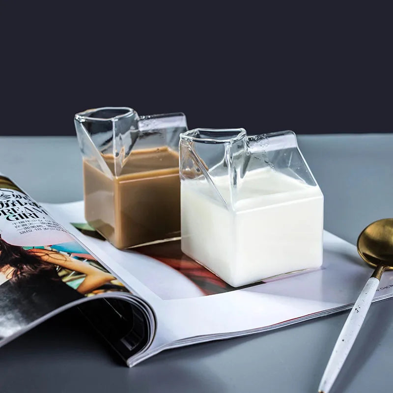 KEMORELA Milk Box Shape Glass Cup 250ml – Cute Drinkware Glass Drinkware Cup Axl