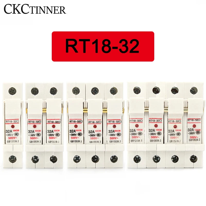 DIN Rail Fuse Holder 1P–4P RT18-32X 500V 10x38mm with Fuse DIN Rail Fuse Holder Axl