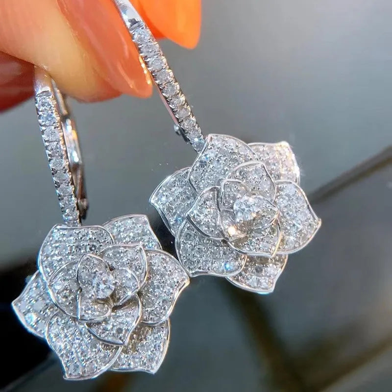 Huitan Floral CZ Dangle Earrings – Silver Drop Earrings Women Drop Dangle Earrings Axl